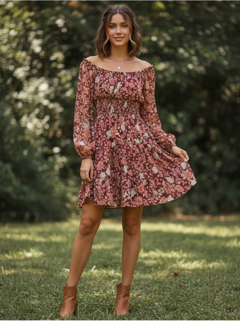 Floral Off-Shoulder Smocked Waist Dress - fall